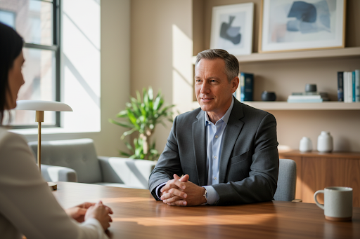 Portrait of the lead attorney sitting at a modern desk in a well-lit, professional office, conveying trust, experience, and calm confidence.